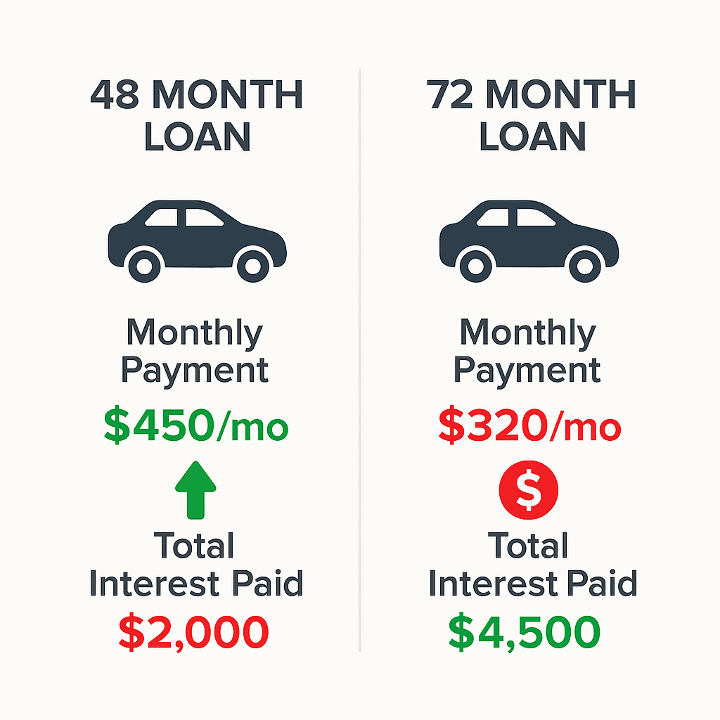 An infographic comparing a 48-month auto loan versus a 72-month auto loan, showing the trade-off between lower monthly payments and higher total interest paid.