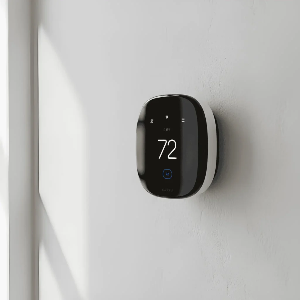 Ecobee Smart Thermostat Premium mounted on a white wall, displaying 72 degrees, essential for heat pump efficiency.
